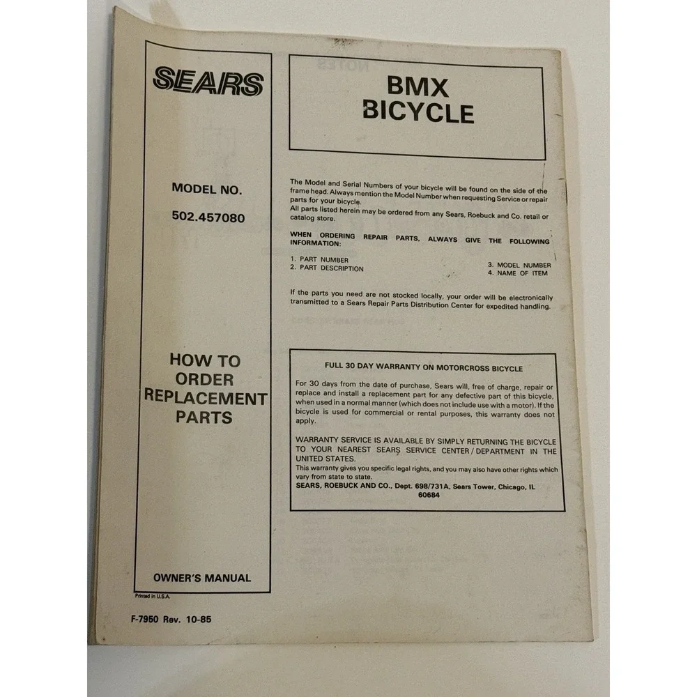 Sears Owner's Manual BMX Bicycle 502.457080 Vintage 70's‎ Or 80's